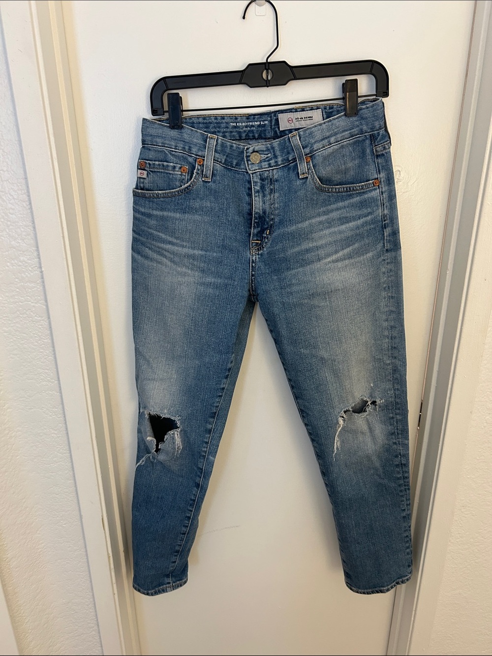 AG Adriano Goldschmied Light Blue Straight Leg Distressed Jeans